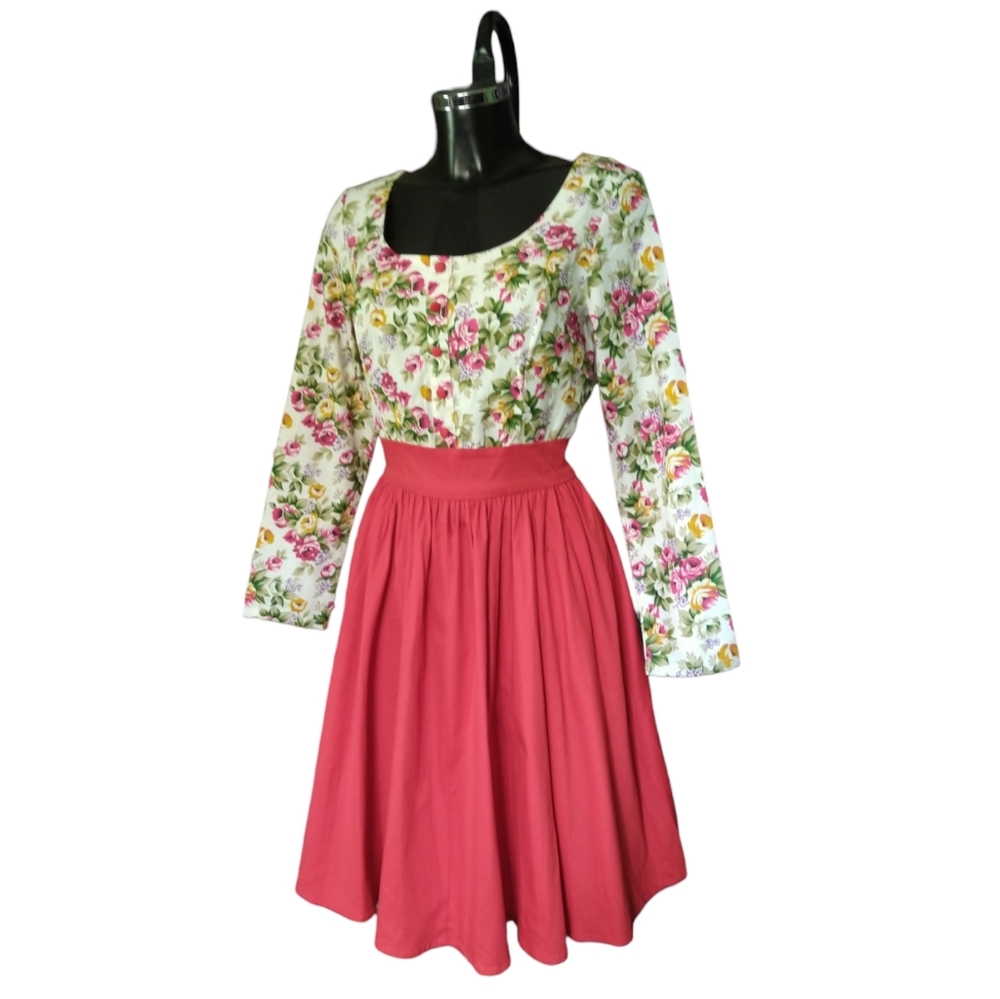 Fashion Mia floral topped dress with red a-line skirt, (attached)